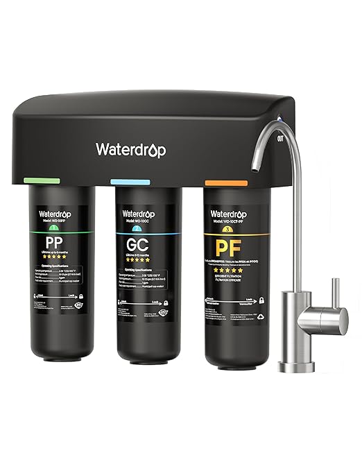 Waterdrop TSB-10-PF Under Sink Water Filter, 𝐑𝐞𝐝𝐮𝐜𝐞𝐬 𝟖𝟎+ 𝐈𝐦𝐩𝐮𝐫𝐢𝐭𝐢𝐞𝐬-PFAS, Chlorine, Chloramine, Fluoride, Taste&Odor, 9 Layer Under Sink Water Filtration System,with A Extra Faucet