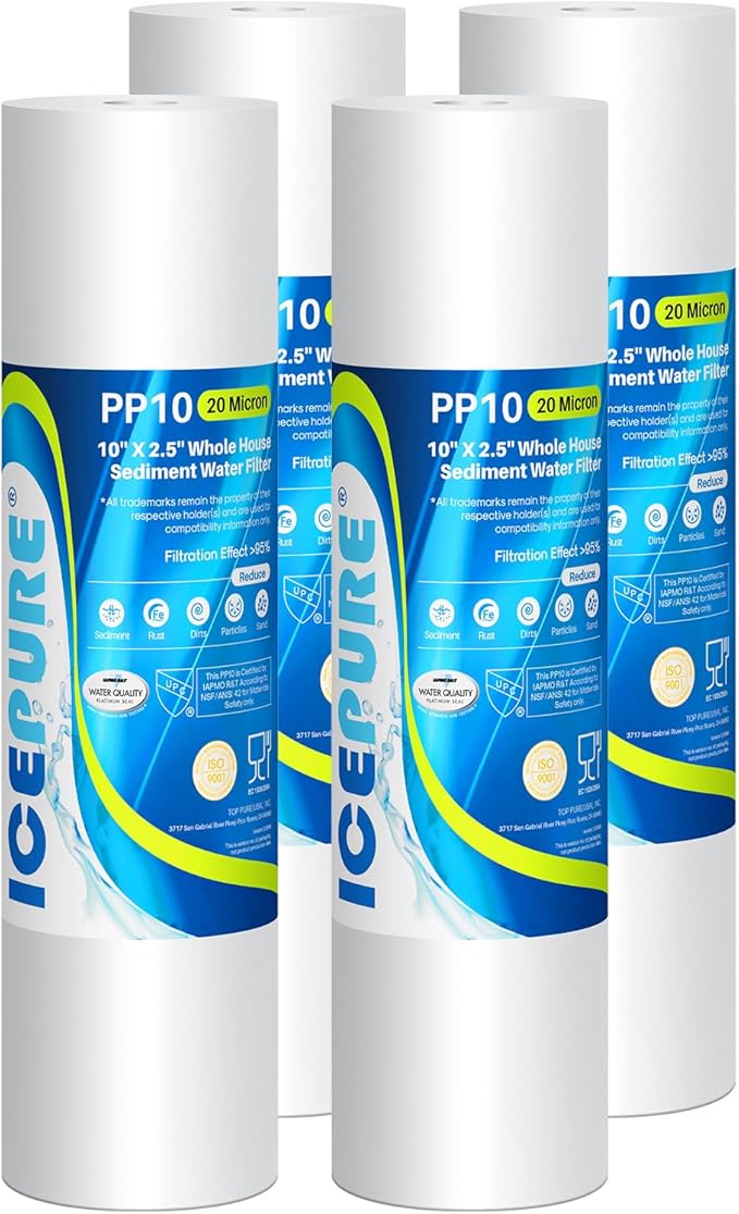 ICEPURE 10"X2.5" 20 Microns Whole House Sediment RO System Water Filter Replacement for Any 10 inch RO Unit, Dupont WFPFC5002, Aqua Pure AP110, Culligan P5, GE FXUSC, Whirpool WHKF-GD05 PP10-05, 4PACK