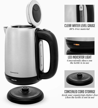 OVENTE Electric Tea Kettle Stainless Steel 1.7 Liter Portable Instant Water Boiler Heater 1100W Power Fast Boiling with Cordless Body and Automatic Shut Off for Coffee Milk Chocolate Silver KS27S