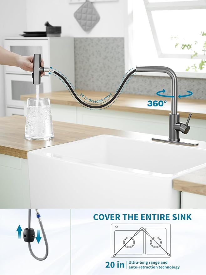 Kitchen Faucets with Pull Down Sprayer,Waterfall Kitchen Sink Faucet,Commercial Utility Stainless Steel Kitchen Faucets,Single Handle Kitchen Sink Faucet with Pull Down Sprayer for 3 Function,Grey