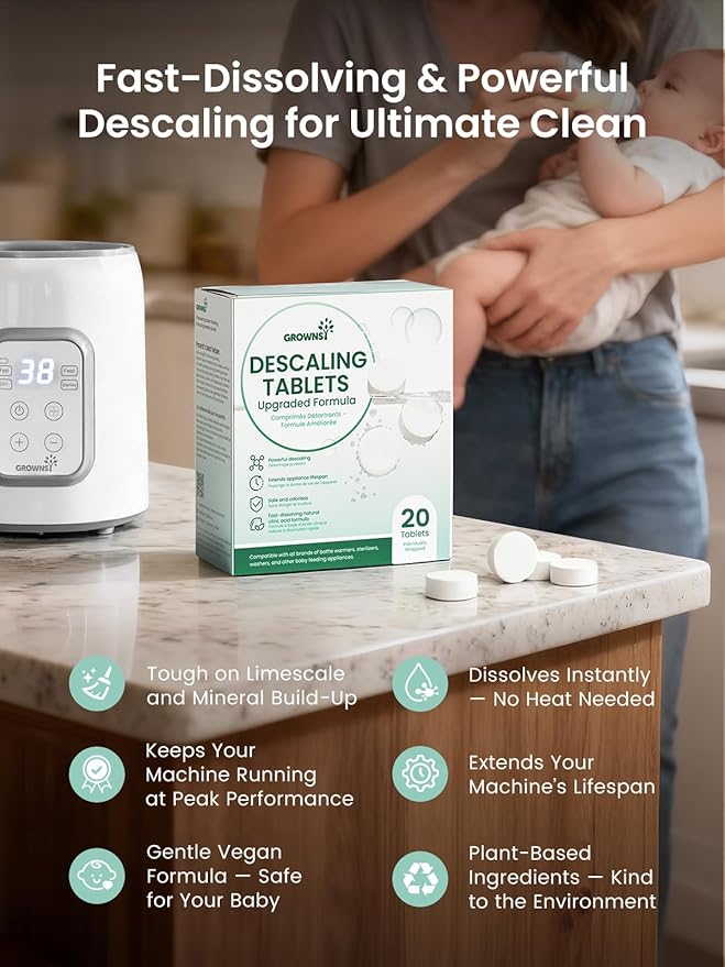 GROWNSY Descaler for Bottle Warmer & Sterilizer, Daily Essential Descaling Tablets, Cleaner for Baby Food Makers, Deep Limescale & Odor Removal, Performance Care, 20 Count for Regular Maintenance