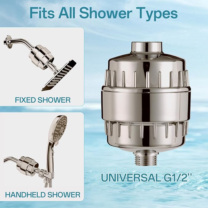 20 Stage Shower Filter for Hard Water, Remove Chlorine Heavy Metals and other Impurities, Improve Skin Hair, Fit Most Handheld Showerhead Fixed Rainfall (Brushed Nickel)