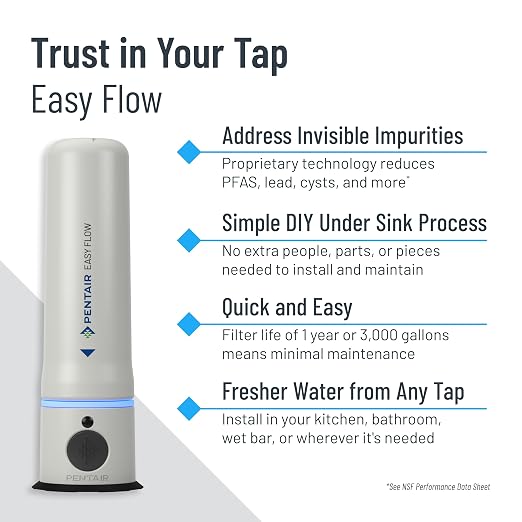 Pentair Easy Flow Under Sink Water Filtration System, PFAS Water Filter, NSF Certified to Reduce PFOA/PFOS