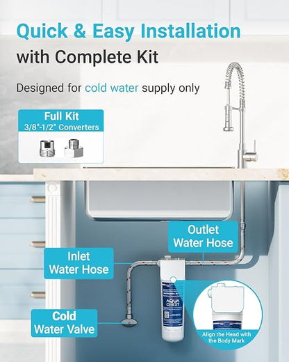 AQUA CREST UP16 Under Sink Water Filter System, Reduces up to 99.52% Chlorine, Bad Taste & Odor, Under Counter Water Filter Direct Connect to Kitchen Faucet, 11K Gallons