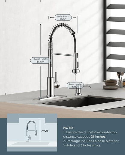FORIOUS LED Kitchen Faucet with Pull Down Sprayer, Brushed Nickel Modern Single Handle Stainless Steel Commercial Spring Sink Faucet with LED Light for Pot Filler, Farmhouse Camper Bar Laundry Room