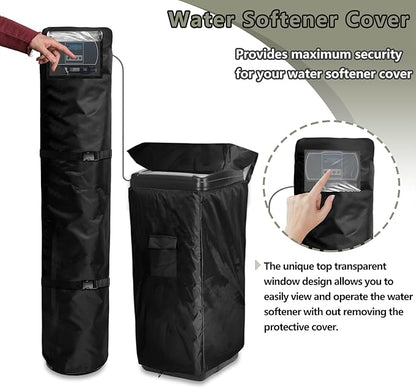 Bitubi 2Pcs Water Softener Cover, Outdoor Softener Tank/Filter Cover + Brine Tank Cover,Upgraded Top with Adjustable Transparent PVC Window, All Weather Protection, Black