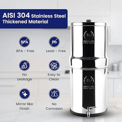 Phoenix Gravity - AISI 304 Stainless Steel 4.25 Gallon Water Filter System, NSF/ANSI 42 & 372 Certified 2 Carbon Filter Elements, 2 POSTreat Fluoride Reduction Filters & Free Stainless Steel Spigot