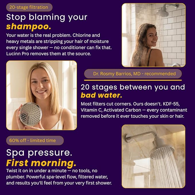 Lucinn Pro Filtered ShowerHead | Filtered Showerhead - Removes Chlorine & Heavy Metals, Improves Hair & Skin, Easy Install, Includes 20-Stage Filter