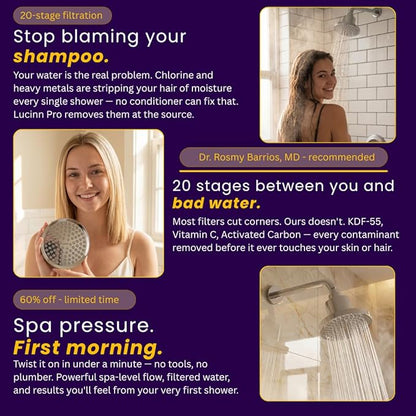 Lucinn Pro Filtered ShowerHead | Filtered Showerhead - Removes Chlorine & Heavy Metals, Improves Hair & Skin, Easy Install, Includes 20-Stage Filter