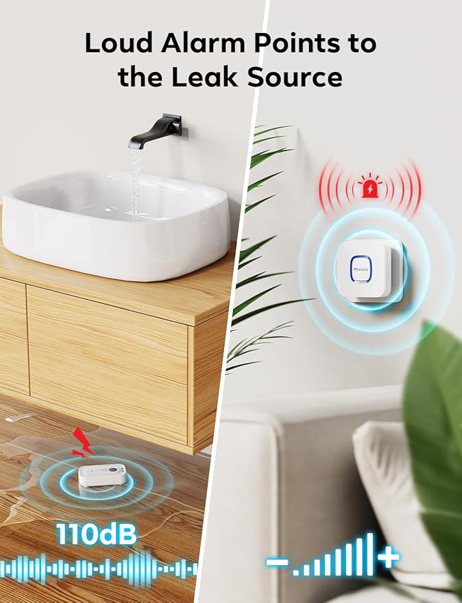 MAXCIO Wi-Fi Water Leak Detector 4 Pack, Smart Water Wireless Sensor with 110dB Adjustable Alarm, APP, SMS, Phone Notifications, 1640ft Transmission Range, Suitable for Basement, Bathroom, and Kitchen