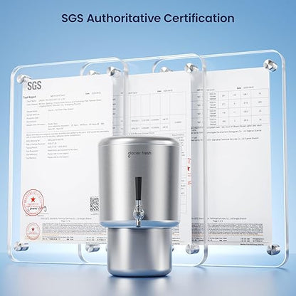 GLACIER FRESH PC04 Gravity-Fed Stainless Steel Countertop Water Filtration System 2.25G, Elarisey™ Filtration Technology, Reduces Heavy Metals, PFOA & PFOS, and Meets SGS Standards