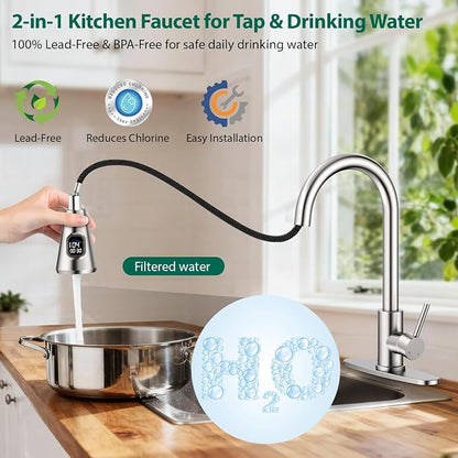 HOMELODY Upgraded Filter Water Kitchen Faucet with Pull Down Sprayer - LED Temperature Display Kitchen Faucets 1 Or 3 Hole Kitchen Sink Faucet for Remove Lead, Chlorine, Bad Taste & Odor
