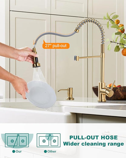 Kitchen Sink Faucet with Soap Dispenser: Brushed Gold Kitchen Faucets with Pull Down Sprayer - Stainless Steel Single Handle Kitchen Faucet with Deck Plate for Farmhouse RV Laundry