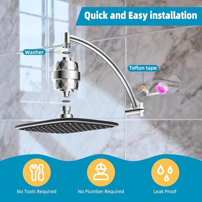 iFealClear Filtered Rain Shower Head with 12" Shower Head Extension Arm, 10" High Pressure Boosting Rainfall Showerhead, Metal Shower Extender Adjustable Height/Angle, 20-Stage Shower Filter, Chrome