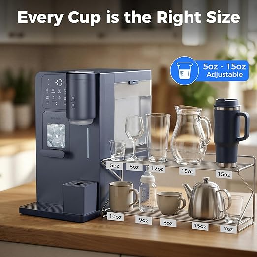 3-in-1 Water Dispenser with Ice Maker - Coffee Maker Countertop Bullet Ice Maker with 12H Timer, Hot/Cold/Warm Adjustable Volume Water, K-Cup® Ground Coffee Brewer for Home Office Studio Gift
