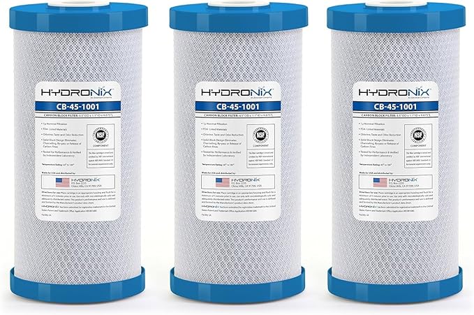 Hydronix CB-45-1001 Whole House Commercial Hydroponics RO NSF Activated Carbon Block Water Filter, 4.5" x 10", 1 Micron (3 Pack)