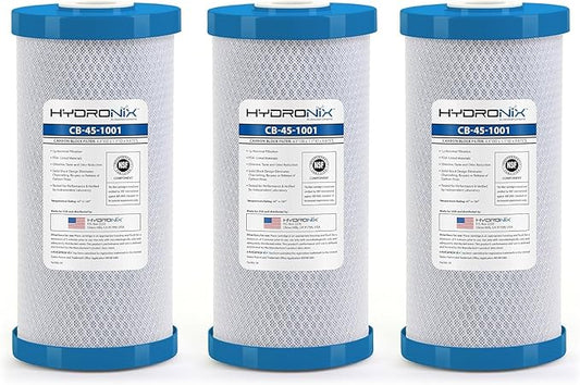 Hydronix CB-45-1001 Whole House Commercial Hydroponics RO NSF Activated Carbon Block Water Filter, 4.5" x 10", 1 Micron (3 Pack)