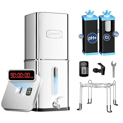 Purewell 5-Stage Filtration Alkaline-Enhanced Gravity Water Filter System with Water Level Window & Smart Timer, Certified to Reduce Lead, Total PFAS, Mercury, and Chlorine, Up to pH 9, SQH-2.25G