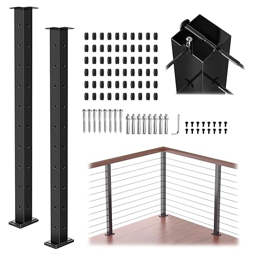 2 Pack 36" T304 T-drilled Cable Railing Corner Post(Post 35"x2"x2"), Modular Three Sides Wire Railing Post with Cable Grommets, Fixed Top Mount Stainless Steel Black Finish Deck Staircase Post