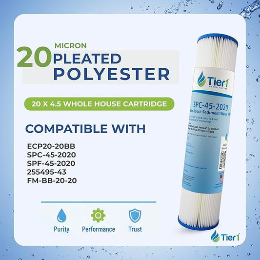 Tier1 20 Micron 20x4.5 Water Filter | Whole House Sediment Water Filter | Pleated Polyester Cartridge | Replacement for Pentek ECP20-20BB, Hydronix SPC-45-2020 | High-Flow 4.5 x 20 Water Filter (2pk)