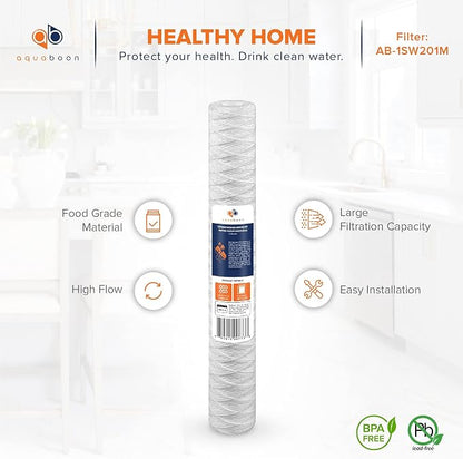 Aquaboon 1 Micron 20" x 2.5" String Wound Water Filter Cartridge - Whole House Water Filter Replacement for Well Water Matches SWC-25-2005, 4-Pack