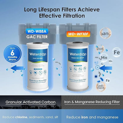 Waterdrop Whole House Water Filter, Carbon Filter, Reduce Iron & Manganese Filter Cartridge, Replacement for GE GXWH40L, FXHTC, Ispring, Culligan® RFC-BBSA, Whirlpool®, Any 10" x 4.5" System, 5 Micron