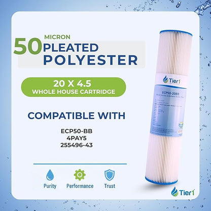 Tier1 50 Micron 20 x 4.5 Water Filter | Pleated Polyester Whole House Sediment Filter Cartridge | Replacement for Pentek ECP50-BB, 4PAY5, 255496-43 | 4.5 x 20 Water Filter