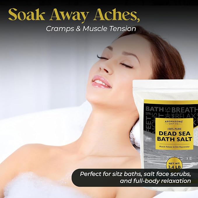 Aromasong Dead Sea Salts for Soaking - 2.43 Lbs Fine Grain Bath Salt Soak in Large Bulk resealable Pack, 100% Pure & Natural - Soak for Women & Men to Relax Tired Muscles and Treat Skin Issues