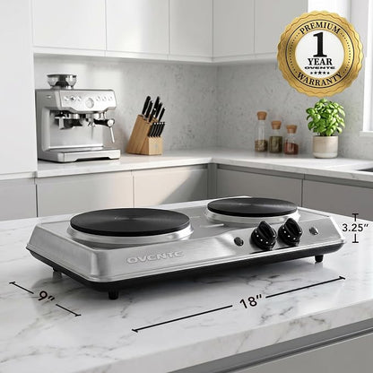 OVENTE Electric Cast Iron Double Burner, 1700W Hot Plate, Silver BGS102S | 7.25" & 6.10" Portable Countertop Cooktop, Stainless Steel, 5 Level Temperature Control, Indicator Light, Easy-to-Clean