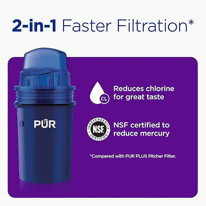 PUR 11-Cup Water Pitcher, 1 Filter, Cleaner, Great-Tasting Water, Dishwasher Safe, Powerful Filtration, Filter Change Light Indicator, LockFit Cap Design, White