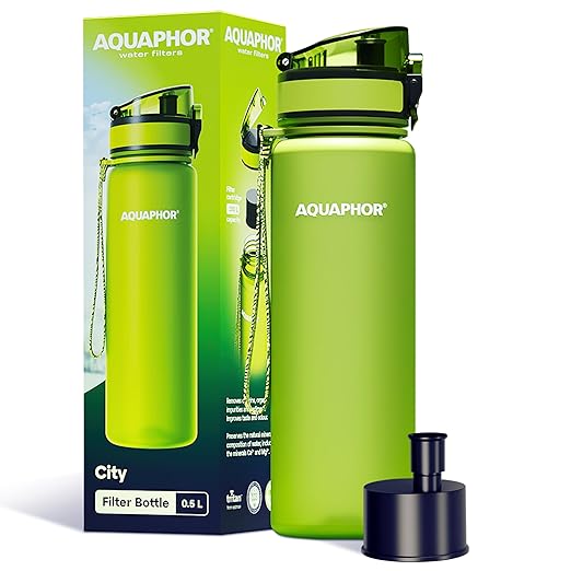 AQUAPHOR City Water Filter Bottle 500 ml | Portable Filtered Water Bottle with Integrated Water Purifier | BPA-Free | Reusable Bottle with Water Filter for Camping, Travel & Outdoor Use | Green