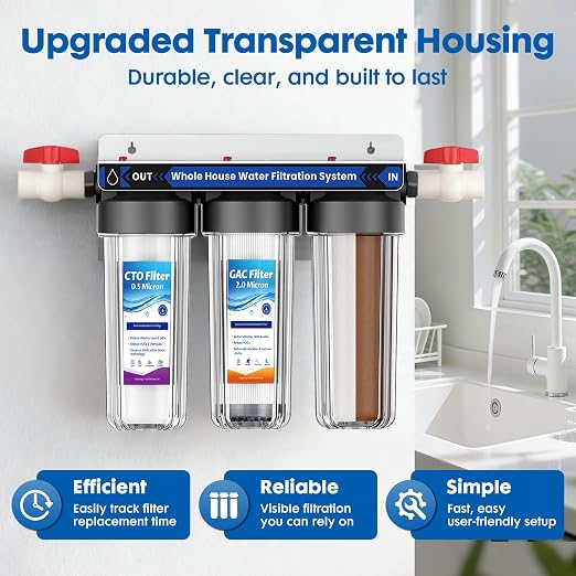 3-Stage Whole House Water Filter System with 9 Filters, 0.5 Micron | Reduce Chlorine,Sediment,Odors for Cleaner Drinking,Cooking,Bath,Easy Filter Changes,Includes 1.5-2 Yrs of Filters,3/4" Ports