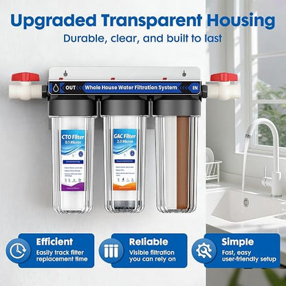 3-Stage Whole House Water Filter System with 9 Filters, 0.5 Micron | Reduce Chlorine,Sediment,Odors for Cleaner Drinking,Cooking,Bath,Easy Filter Changes,Includes 1.5-2 Yrs of Filters,3/4" Ports
