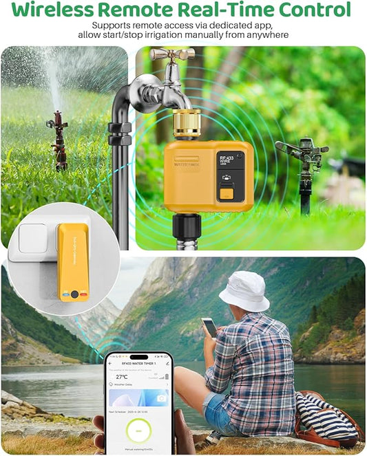 WiFi Water Timer 1 Zone for Garden Hose, 2 Pc Smart Sprinkler Timer with 984ft RF Range, Smart Lawn Watering System Irrigation Controller, APP/Voice Control, Rain Delay, Automatic/Manual Irrigation