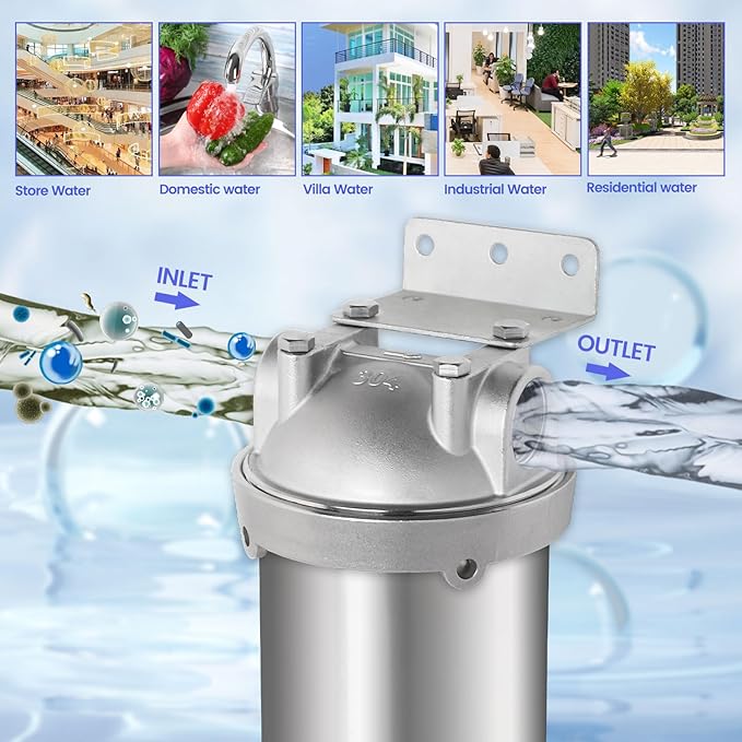 Amwater NSF/ANSI 42 Stainless Steel Whole House Water Filter Housing, 10" x 2.5" Sediment Water Filter System for Heavy Duty, Well & City Water, 1/2" NPT Port, Drain Valve Style C(Square Head)
