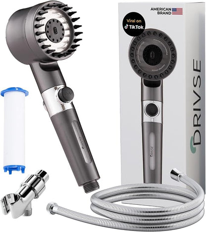 Drivse Filtered Shower Head for Hard Water | Ion Drops High Pressure Handheld Shower Head with Stainless Steel Hose | 3 Spray Modes | Tool-Free Install | Softer Skin & Healthier Hair