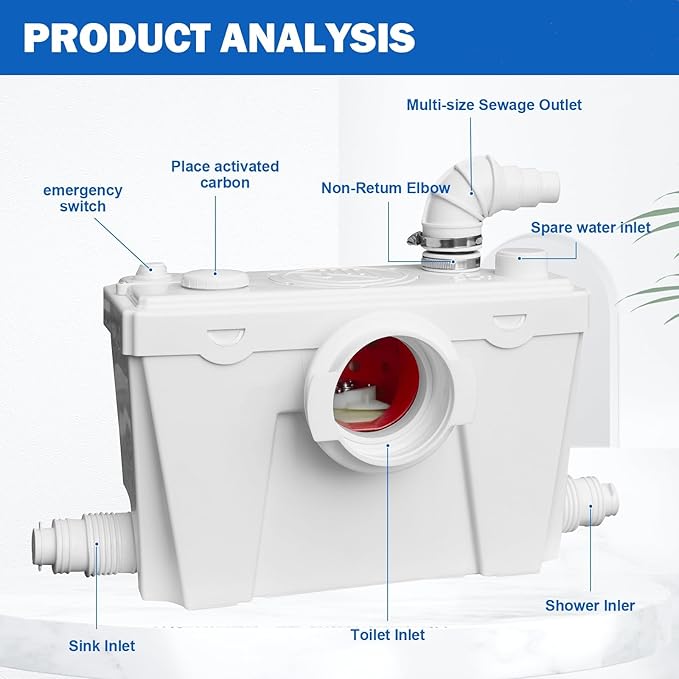 Macerating Toilet With Macerator Pump for Basement Upflush System, Included Water Tank, Elongated Toilet Bowl and Seat, Extension Pipe For Hide into the Wall, Household Residential Two-Piece Toilet