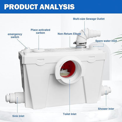 Macerating Toilet With Macerator Pump for Basement Upflush System, Included Water Tank, Elongated Toilet Bowl and Seat, Extension Pipe For Hide into the Wall, Household Residential Two-Piece Toilet
