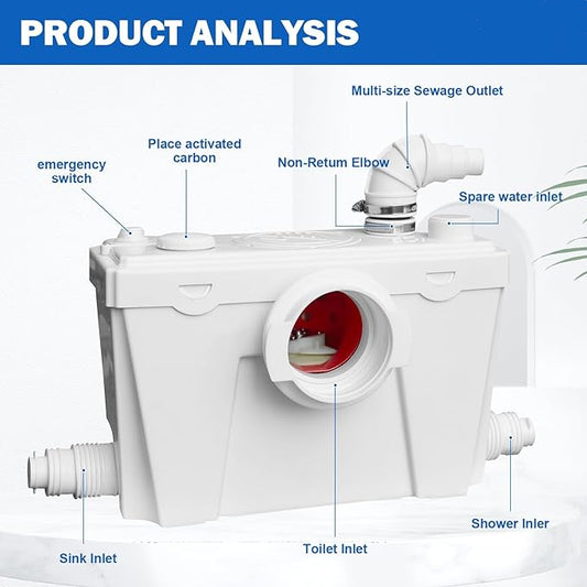 Macerating Toilet With Macerator Pump for Basement Upflush System, Included Water Tank, Elongated Toilet Bowl and Seat, Extension Pipe For Hide into the Wall, Household Residential Two-Piece Toilet