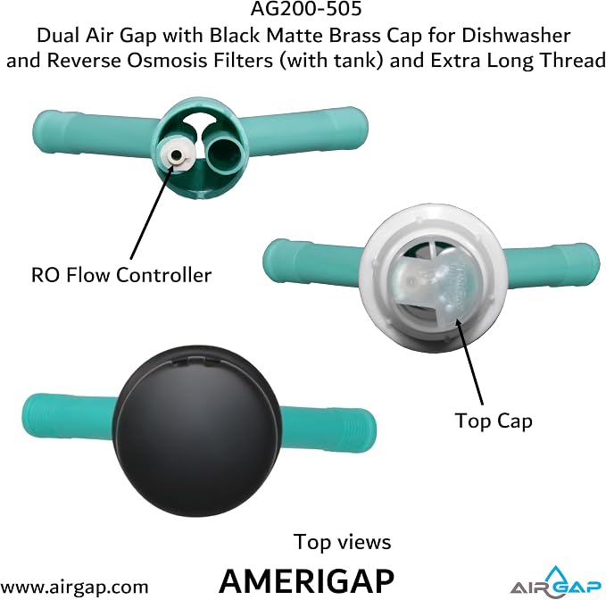 Dual Air Gap with Black Matte Brass Cap for Dishwasher and Reverse Osmosis Filters (with tank) and Extra Long Thread (AG200-505, AG200-X05, AMERIGAP)
