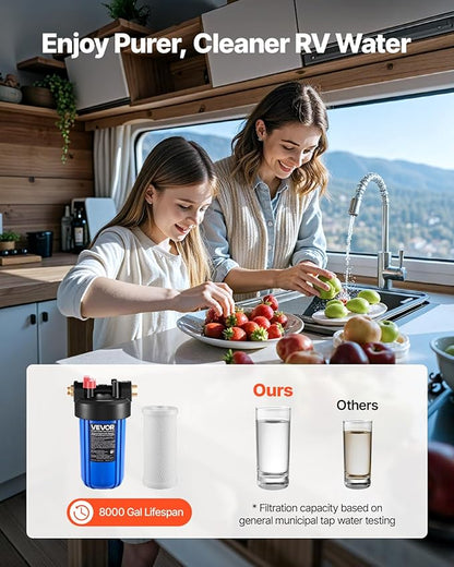 VEVOR RV Water Filter, 4.5 x 10 in Water Filter System with Replaceable Cartridge for RV, Remove Sediments, Chlorine, Bad Tastes, Odors, and Most Contaminants, RV Filter for Campers, Boats