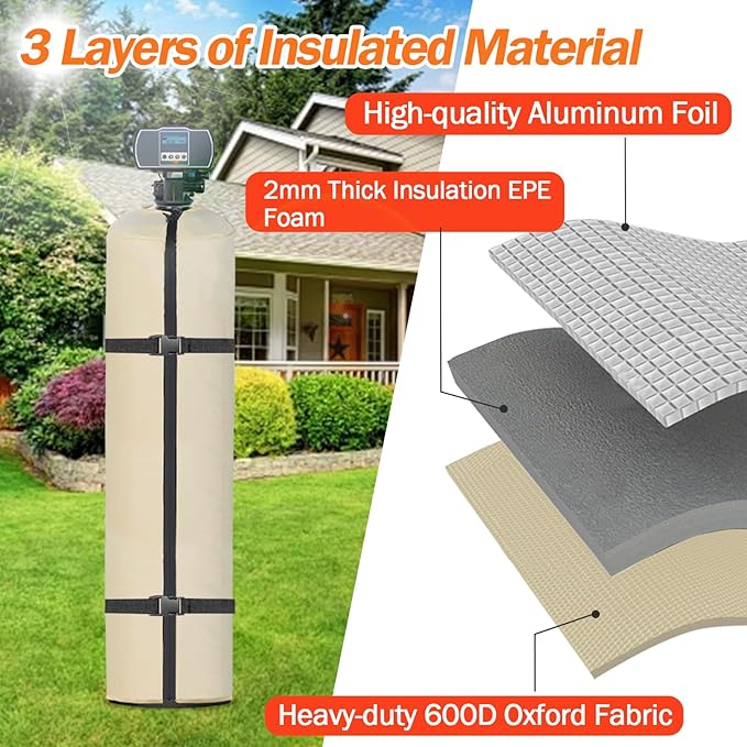 Water Softener Cover Outdoor Insulated, 3 Layers Insulation Water Softener Tank Jacket, Water Softener Covers for Outside Units, 12''D x 52''H(Cover Only)- Beige