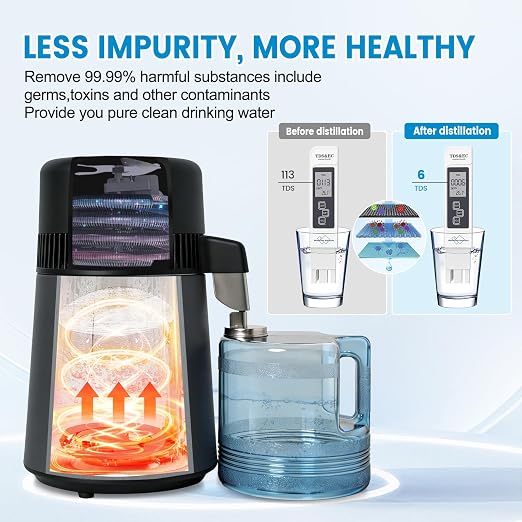 DC HOUSE 1 Gallon Water Distiller Machine, 750W 4L Pure Distilled Water Maker Machine with Container for Home Countertop Table Desktop, Drinking Purifier for Home Kitchen CPAP Hmidifiers (Black)