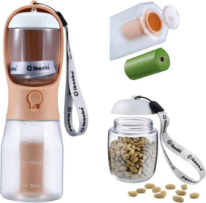 Cibaabo Dog Water Bottle with Food Container & Poop Bag Holder & Filter | Travel Water Bowl, Portable Pet Dispenser, Dog Gifts, Puppy Essentials for Walking Hiking