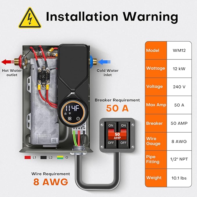 Tankless Water Heater Electric 12kW, 240 Volt On Demand Instant Hot Water Heater, Within 1℉ Stable Temp, Up to 2.8 GPM, WiFi Control, ETL Certified, Eco, WM12