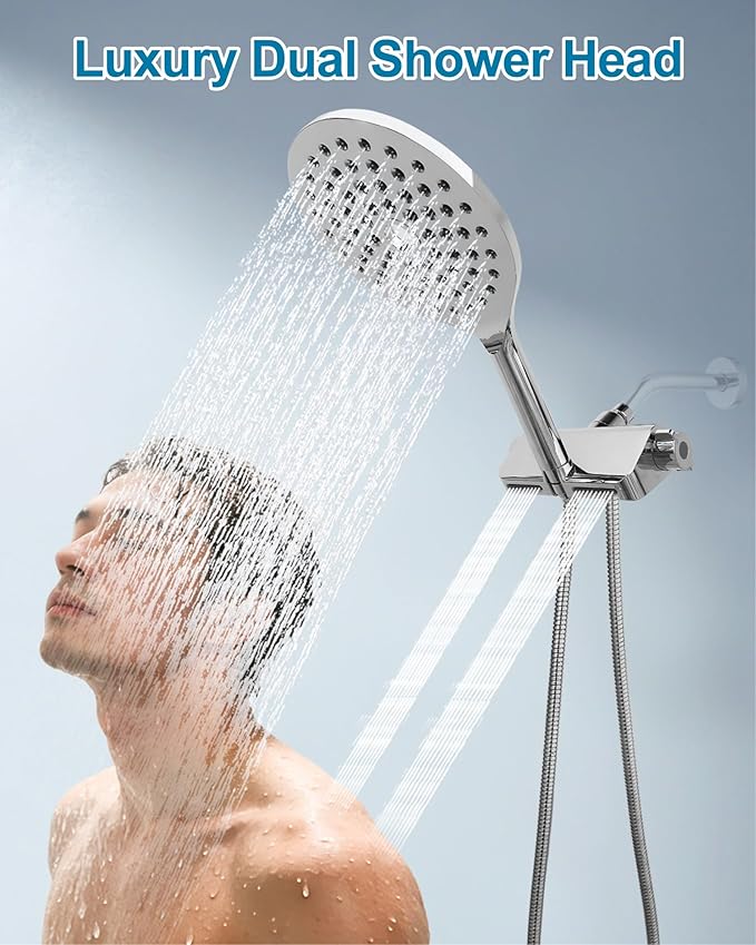 7.5" Rainfall Filtered Shower Head with Handheld Showerhead with Filter High Pressure 2-in-1 Dual Spa System Water Softener Filters for Hard Water 59" Stainless Steel Hose Chrome Polish