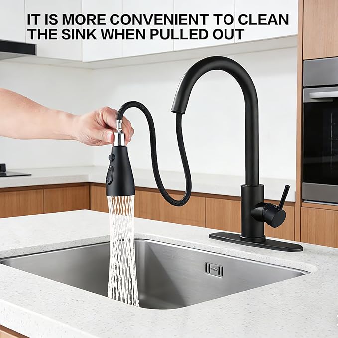 Kitchen Faucet with Pull Down Sprayer，Black Kitchen Sink Faucet，High Arc Single Handle Classic Stainless Steel Sink Faucet，1 or 3 Hole,Suitable for Farmhouse Camper Laundry Rv Bar