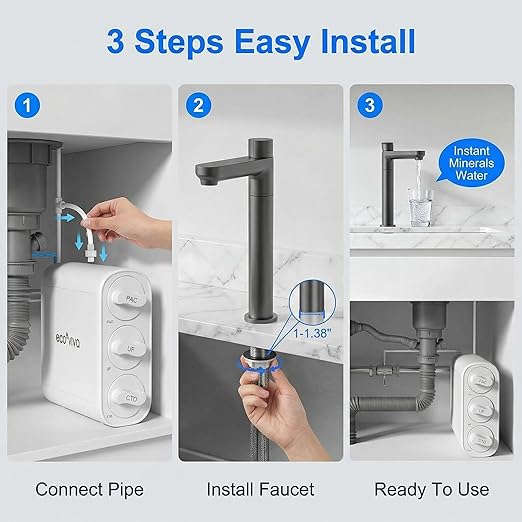 Ecoviva UF800G 0.01μm Ultra-Filtration Under Sink Water Filter Meet NSF 42 / 372 Standards Tankless Ultra Compact Design, No Electricity & Wastewater, Preserve Beneficial Minerals No TDS Reduction