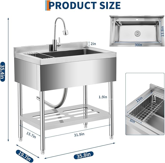 Garvee 36" Stainless Steel Utility Sink Workstation with Faucet, Adjustable Height Freestanding Sink with Storage Drawer, Knife Rack, Hooks & Drain Kit for Kitchen, Laundry, Garage, or Outdoor Use