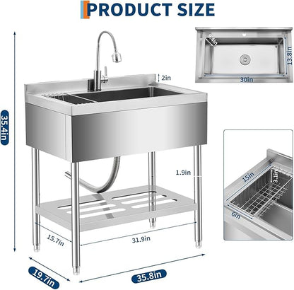 Garvee 36" Stainless Steel Utility Sink Workstation with Faucet, Adjustable Height Freestanding Sink with Storage Drawer, Knife Rack, Hooks & Drain Kit for Kitchen, Laundry, Garage, or Outdoor Use